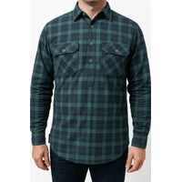Mens Flannelette Long Sleeve Pullover Shirt 100% Cotton Flannel - Half Placket - Green/Navy