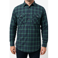 Mens Flannelette Long Sleeve Pullover Shirt 100% Cotton Flannel - Half Placket - Green/Navy - XL