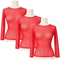 3x Womens Fishnet Mesh Top Long Sleeve Sheer Stretch See Through Costume - Red