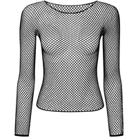 Womens Fishnet Mesh Top Long Sleeve Sheer See Through Party Costume - Black