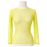 Womens Fishnet Mesh Top Long Sleeve Sheer See Through Costume - Fluro Yellow