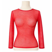 Womens Fishnet Mesh Top Long Sleeve Sheer See Through Party Costume - Red