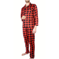 Mens Flannelette Pyjama Set 100% Cotton Long Sleeve Pants Soft Warm PJs - Red - XXL
