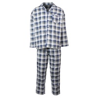 Mens Flannelette Pyjama Set Sleepwear Soft 100% Cotton PJs Two Piece - Light Blue Check - S