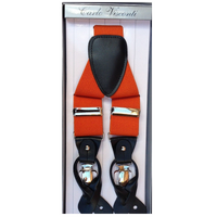 Mens Premium Convertible Suspenders Braces Clip On Elastic Y-Back Traditional Leather Tab - Orange