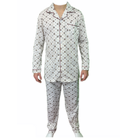 Mens Cotton Pyjama Set Long Sleeve Button Shirt Pants Sleepwear PJ - White/Brown - XXL