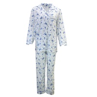 Womens Pyjama Set 100% Cotton Long Sleeve Button Up PJs Sleepwear - Blue Floral - 20
