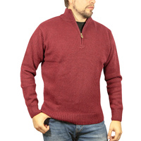 100% SHETLAND RAGG WOOL Half Zip Up Knit JUMPER Pullover Mens Sweater Knitted - Burgundy - L
