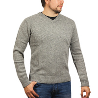 100% Shetland Ragg Wool V Neck Knit Jumper Pullover Mens Sweater Knitted - Grey - L