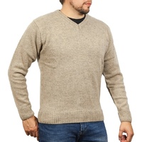 100% Shetland Ragg Wool V Neck Knit Jumper Pullover Mens Sweater Knitted - Oat Marle - 5XL