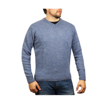 100% Shetland Ragg Wool V Neck Knit Jumper Pullover Mens Sweater Knitted - Sky - S
