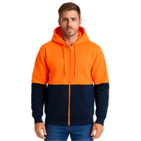 HI VIS Jumper Full Zip Hoodie Safety Workwear Fleecy Fleece Jacket Hooded in Orange/Navy - S