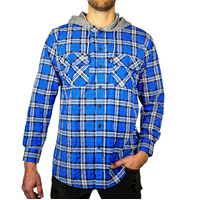 Mens Cotton Flannelette Shirt w Jersey Hood Long Sleeve Flannel - Spanish Blue - L