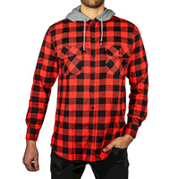 Mens Cotton Flannelette Shirt w Jersey Hood Long Sleeve Flannel - Red/Black - M