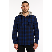Mens Cotton Flannelette Shirt w Jersey Hood Long Sleeve Flannel - Royal Blue - S