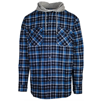 Mens Cotton Flannelette Shirt w Jersey Hood Long Sleeve Flannel - Turquoise - S