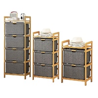 Bamboo Shelf with Storage Hamper – Wooden Organiser with Three-Set Rack Laundry Bags