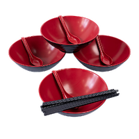 12 Piece Ramen Noodle Bowl with Spoon and Chopsticks Black Red