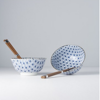 eWholesale Bowl Set 2pc with Chopsticks Starburst Blue Design