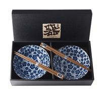 eWholesale Bowl Set 2pc with Chopsticks Blue Plum Design