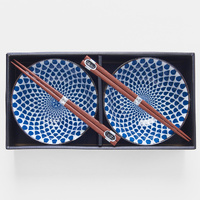 eWholesale Bowl Set 2pc with Chopsticks White Blue Teardrops