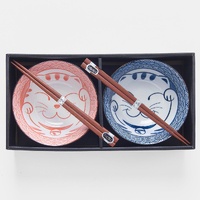 eWholesale Bowl Set 2pc with Chopsticks Red Blue Maneki Wave