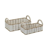 Bulk 6 Natural & White Paper Rope Basket W Bead Handle 29x16x9/15h