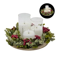 Bulk 4 Xmas Led Candle Set Green&red Wreath On Tray 26x26x15cm