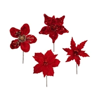 Bulk 36 Xmas Red Poinsettia Pick d14-23x20cm 4 Asst