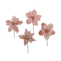 Bulk 36 Xmas Pink Poinsettia Pick d14-20x20cm 4 Asst
