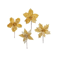 Bulk 36 Xmas Gold Poinsettia Pick d14-20x20cm 4 Asst