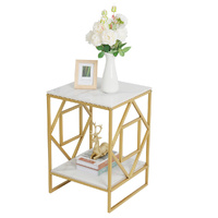P&P White Marble Gold Side Table with Shelf - Accent Nightstand