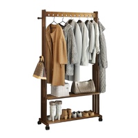 P&P Walnut Wood Rolling Clothing Garment Rack Open Wardrobe