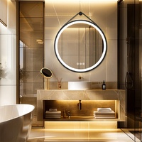 P&P Round LED Bathroom Mirror 700mm Dimmable Backlit Leather Strap