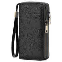Women's Large Capacity Double Zip Wallet Clutch | PU Leather Floral Embossed Wristlet | Phone Holder with 24 Card Slots - Black