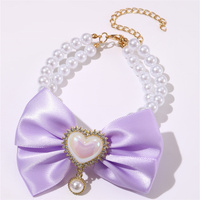 2 - PCS Cute Pet Pearl Necklace Collar with Purple Bow and Heart Charm - Size L