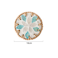 4 Pcs Beige Background With Blue and Grey flower Handcrafted Rattan Coaster with Natural Shell Inlay - Decorative & Heat Insulating Drink Mat