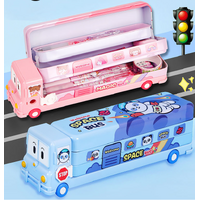 2-pcs (One pink and one blue) Fun School Bus Pencil Box with Built-in Sharpener - 3 Layer Large Capacity Stationery Box for Kids