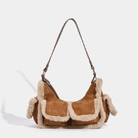 Faux Shearling Trim Suede Shoulder Bag - Multi-Pocket Y2K Retro Style