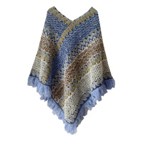 Blue brown Lightweight Chevron Knit Poncho for Women - Elegant Fringed Shawl Wrap