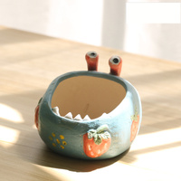 2 Pcs Blue Whimsical Monster Ceramic Succulent Planter - Hand-Painted Character Pot with Drainage
