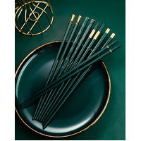 Two-piece Set Premium Alloy Chopsticks Set of 5 Pairs - 24.3cm Emerald Green and Gold Luxury Reusable Utensils for Modern Australian Dining