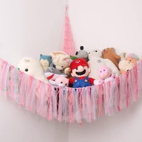 Pink Corner Plush Toy Organizer (100x100x150cm)  with Ribbon Accent & Installation Kit -  Handwoven Cotton Mesh Toy Storage Hammock