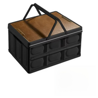 Black Collapsible Medium Handle Storage Box with Wooden Table Top(42x28x23CM) - Car Trunk Organiser for Australian Camping & Home Use