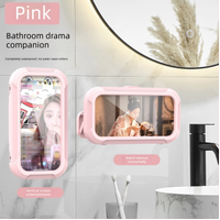 Waterproof Shower Phone Holder Pink Wall Mount - 360° Rotating Retractable Anti-Fog Touch Screen Case for Bathroom & Kitchen - Fits Phones up to 6.8 I