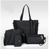 Black 4-Piece Women Bag Set Lychee Grain PU Leather Large Capacity Tote Shoulder Bag Crossbody Clutch and Card Holder for Daily Travel and Work Use