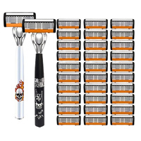 2-Pack 6-Layer Manual Razor with 30 Replacement Blades – Ultra-Close Shave for Men, Stainless Steel Handle with One-Click Blade Change