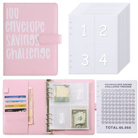 100 Envelope Savings Challenge Binder A5 Budget Planner Book PU Leather Cash Stuffing Money Organiser with Magnetic Closure & Tracker (Pink)