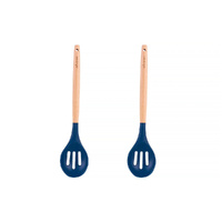 2pc Beechwood & Silicone Slotted Spoon Navy