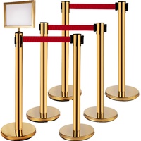 Stanchion Post Barriers 6-Set Line Dividers, Stainless Steel Stanchions with 6.6 Red Retractable Belts, Stanchions with One Sign Frame, 34.6 Queue Saf